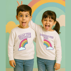 Half the Trouble, Double the Fun – Rainbow Sibling Sweatshirt Set 🌈