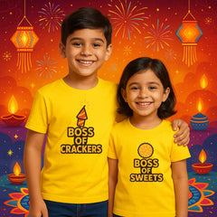 Boss of Crackers & Boss of Sweets Personalized Kids Matching Diwali T-Shirts