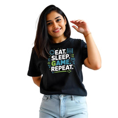 Game On : Eat Sleep Game Repeat - Gamer Women's Printed Tees