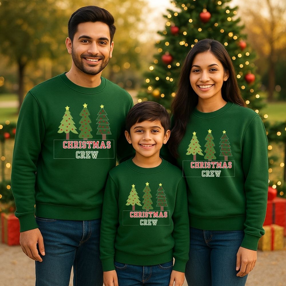 Family Matching “Christmas Crew” text with Xmas Tree Design Print Sweatshirts