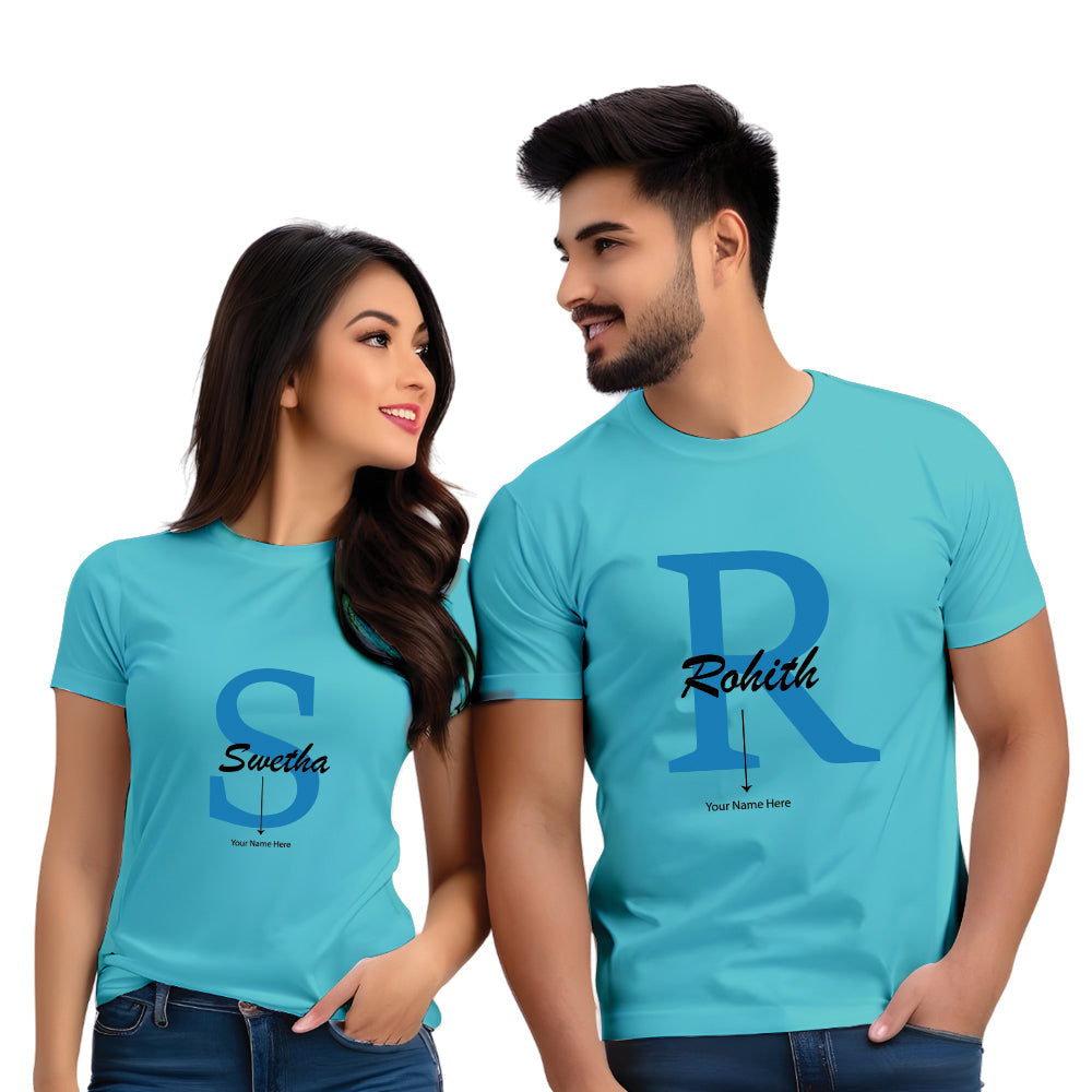 Half Sleeve Your Name Here Printed Couple T-Shirt