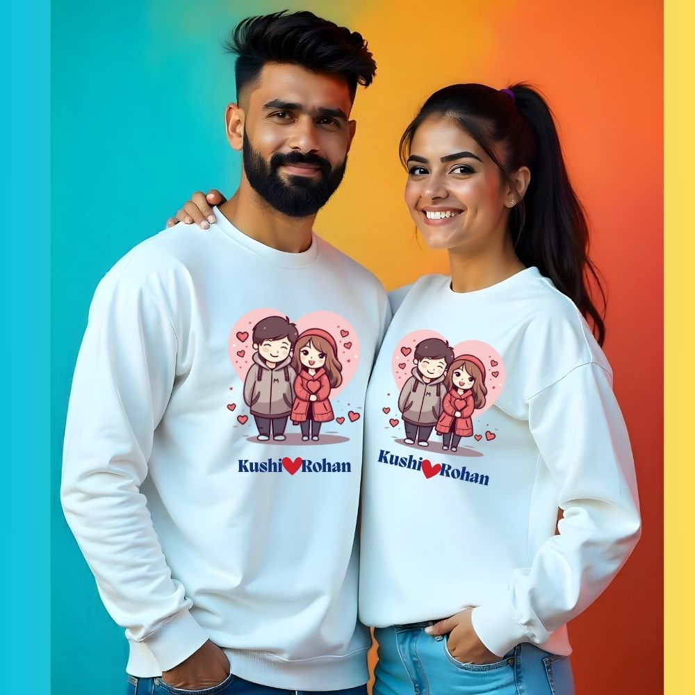 Cute Custom Animated Couple Sweatshirts - White