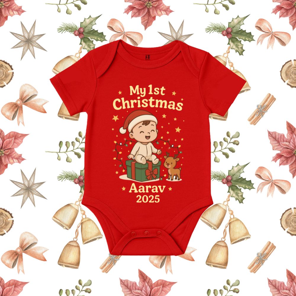 Cute Baby, Gift & Reindeer Design - Custom Name "My 1st Christmas 2025" Baby Romper
