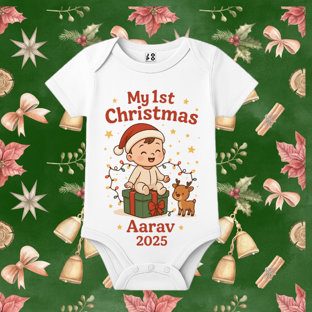 Cute Baby, Gift & Reindeer Design - Custom Name "My 1st Christmas 2025" Baby Romper