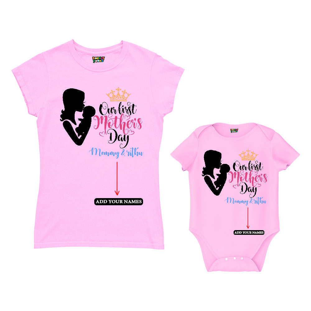 First Mother's Day customised Mom T Shirt and Romper For Lite Pinkk