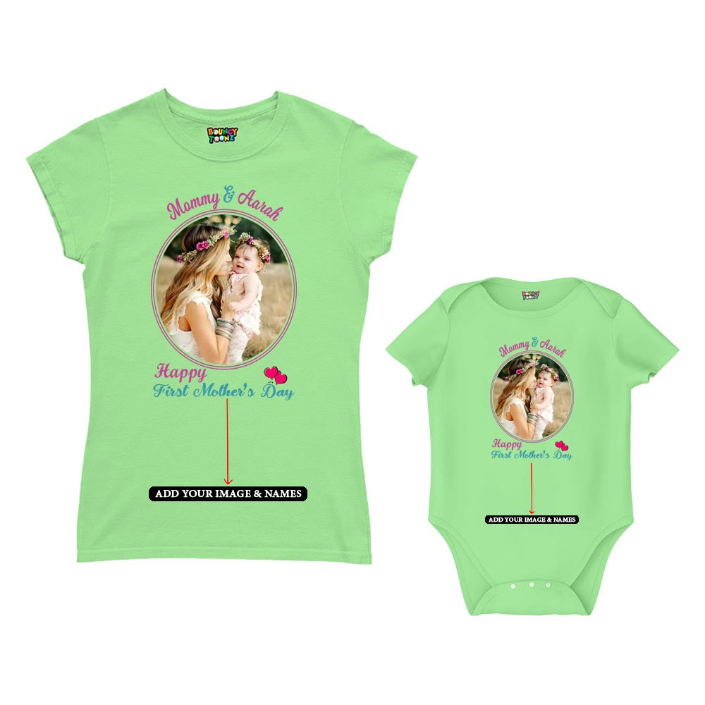 First Mother's Day customised Mom T Shirt and Romper For Mint Green